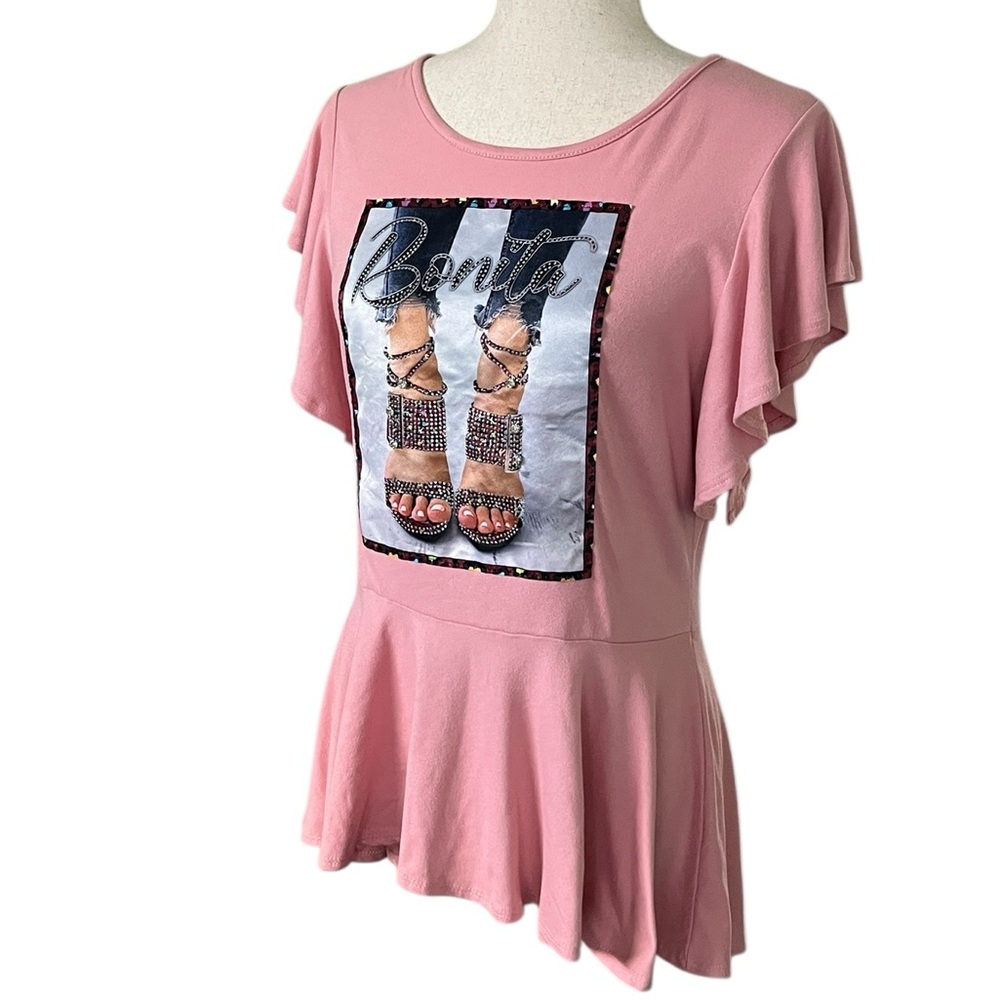 Julia pink graphic print peplum top with a "Bonita" text design